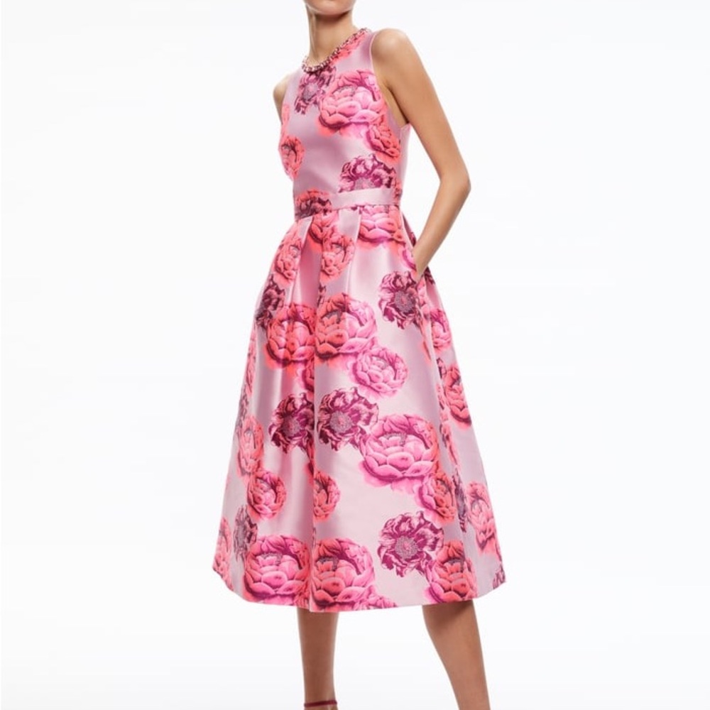 Alice + Olivia Cherra Pink Floral Midi Dress Embellished Neckline